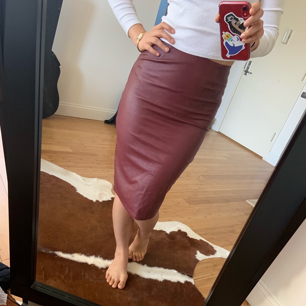 Leather Pencil Skirt With Slit Dark Red